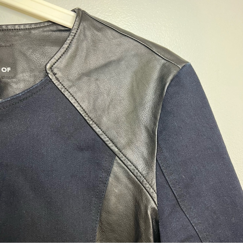 Kiind of Thalia faux leather two toned jacket Sz L Navy Black Cotton Chic City - Picture 3 of 14